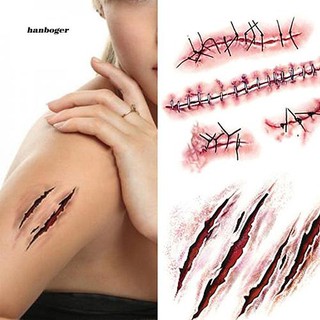 HBGR_2Pcs Temporary Tattoo Sticker Halloween Terror Realistic Fake Blood Injury Scar (3)