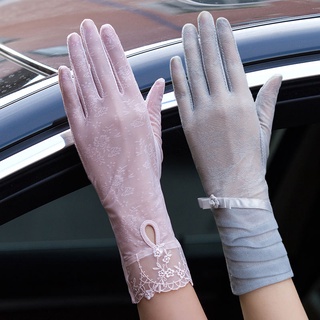 Eli New Female Sunscreen Thin Gloves touch screen Plush Wrist Short Women Bowknot Lace Decoration Driving Gloves---&