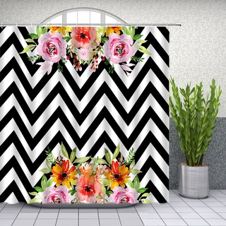 Watercolor Flower Shower Curtains Black and White Geometric Wave Pattern Plant Bathroom Decor Home Bathtub Polyester Curtain Set