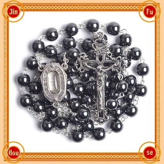 Jinfu And Housejinfu❤1Pc Necklaces High-Grade Extreme Iron Black Gallstone Cross Christian Saint Prayer Beads Necklace