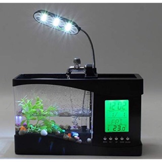 Mini USB Desktop Aquarium Fish Tank LCD Lamp Light LED Clock
