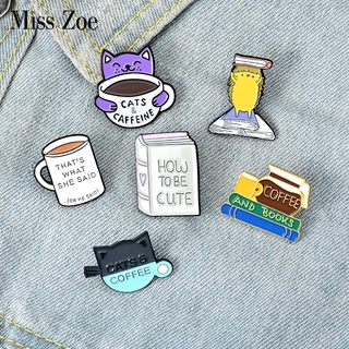 Coffee and Book Enamel Pin Cat Cafe Reading Badge Custom Hedgehog Brooches Lapel pin Jeans shirt Bag Cute Animal Jewelry Gift