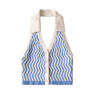 New! Blue and White Striped Halter Deep V-Neck Halter Slim Vest (1)