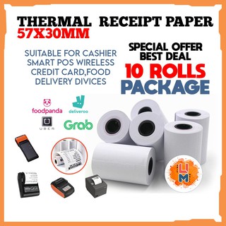 【Ready Stock】✼10 roll Thermal paper for POS receipt thermal printer 57*30 handheld Foodpanda Thermal