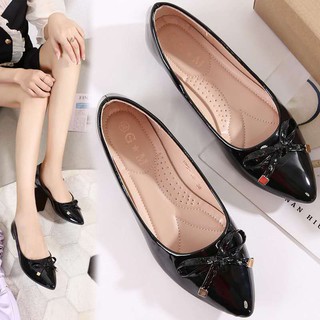 Pointed toe Doll shoes Flat shoes Black Leather Shoes