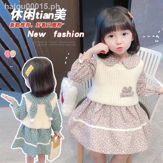 Hot sale▬☜Girls dress autumn 2021 new female baby autumn floral skirt children s sweater vest skirt two-piece suit (2)