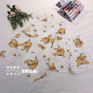 Women's Cartoon Pikachu Print Short Sleeve Shorts Pajama Set (7)