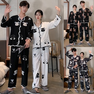 Unisex Women Men Plus Size M-3XL Korean Style Couple Comfy Baju Tidur Silk Satin Pyjamas Set Long Sleeve Pajamas Male Female Sleepwear