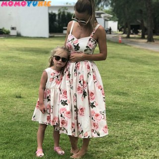 Family Look Women Matching Mother And Daughter Clothes Sleeveless Floral Dress For Mommy And Me Kids