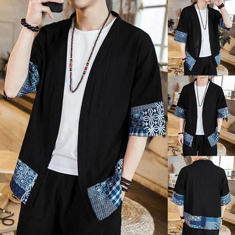 Men Casual Short Ethnic Sleeve Kimono Coat Jacket (1)