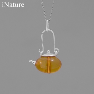 INATURE Natural Amber Teapot 925 Sterling Silver Chain Pendant Necklace For Women Fine Jewelry