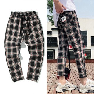 Men's Fashion Casual Cotton Plaid Elastic Waist Long Pants (1)