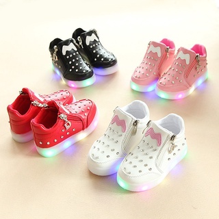 ☽⊕✌Casual Baby Kids Girls LED Rhinestone Soft Sole Shoes