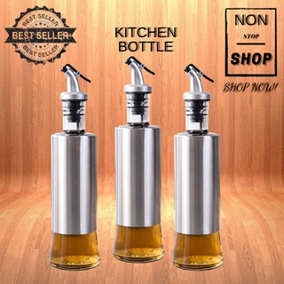 Kitchen Oil Bottle 300ml Clear Glass Dispenser Stainless Steel Seasoning Bottle Dispenser
