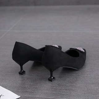 ▲Pointed Thin Heel Shoes Women's 2019 New Shallow Mouth Stiletto Shoes Black Cat Heel