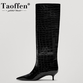 BootsTaoffen New Women Knee High Boots Real Leather Pointed Toe Women Winter Shoes Fashion Sexy
