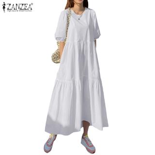 ZANZEA Women Solid Puff Sleeve Smock Maxi Dress