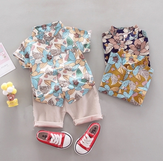 Baby boy clothes kids terno summer leaves and flowers holiday short sleeve shorts suit