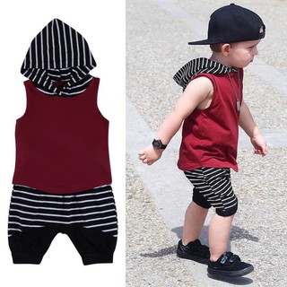 2 Pcs Kids Baby Boy Summer Cotton Hooded Vest Top+Short Pants Clothing Set