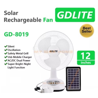 GDLITE Solar Rechargeable Electric Fan Desk Fan with LED light TWO LED bulbs COD