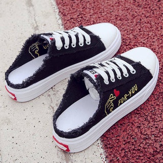 【HOT SALE】 2020 spring and summer canvas shoes female students Korean version half towards no lazy one foot small white shoes flat bottom shoes
