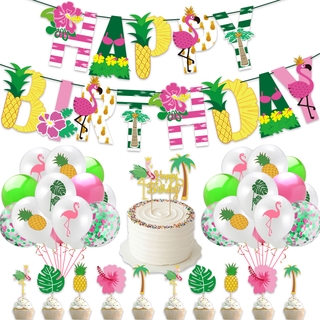 Hawaiian Birthday Theme Party Decoration Flamingo Turtle Back Leaf Pineapple Banner Party Decoration Supplies