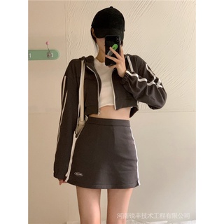 Set Women's Clothing Long-Sleeve Hooded Short Sweater Package Hip Skirt Skirt Skirts Two-Piece Set Set Midriff-Baring (3)