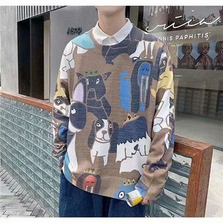 Stitching casual tide youth popular loose knit sweater simple round neck new sweater men's pullover long sleeve autumn