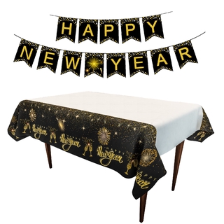 New Black Gold HAPPPY NEW YEAR Happy New Year Tablecloth Disposable PE Tablecloth 2020 New Year Decoration