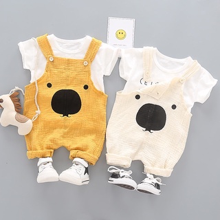 Mengqi 2020 summer new baby boys and girls pure cotton Cute short sleeve T-shirt with cartoon back belt pants two piece set