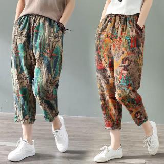 Women Cotton and Linen Harem High Waist Loose All-match Printing Nine Points Casual Pants