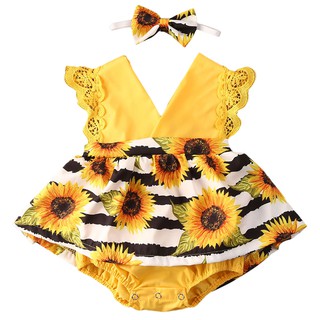 2Pcs Baby Girl Clothing Set Baby Romper and Headband Lace Short Sleeve Sunflower Newborn Baby Dress