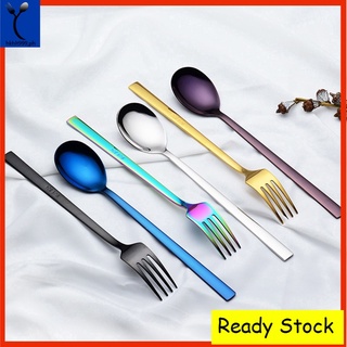 304 Stainless Steel Korean Cutlery Square Handle Dinner Spoon And Fork Colorful Black Tableware