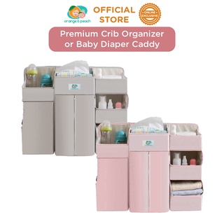 Orange and Peach Premium Crib Organizer or Baby Diaper Caddy in Light Grey / Light Pink
