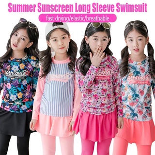 Girl 2 pieces long sleeve swimsuits korean big kids trouser skirt-style swimming suit fzc059