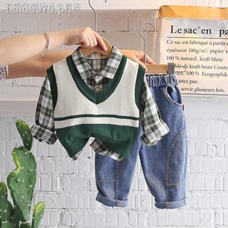 Hot sale✱✽✌Children s clothing, boy s autumn clothing, male baby, foreign style sweater, vest, children s Korean leisure, spring and autumn three-piece suit