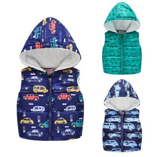 Toddler Kids Baby Girls Boys Sleeveless Car Print Hooded Warm Waistcoat Tops