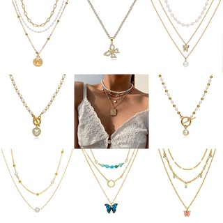 Vintage Multilayer Necklace Butterfly Pearl Lady Necklace Rose Chain Necklace Geometric Gold and Silver Necklace