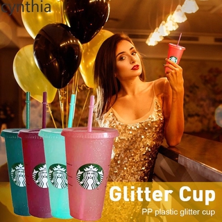 cynt-Flash powder Shiny Reusable Plastic Tumbler with Lid and Straw Cup, 24 fl oz, Set of 1 or 5 Party Gifts Starbucks Reusable Shiny Plastic Tumbler with Lid and Straw Glitter Cup Party Gifts Reusable Glitter Cold Cups -thia
