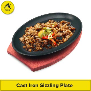 Annil Shop Cast Iron Oval sizzling plate With Wood Base Steak Grill Plate (MAKAPAL) (1)