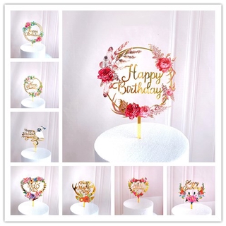 Acrylic Flowers Cake Topper Happy Birthday Cake Toppers Party Birthday Decor Topper For Wedding