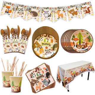 Woodland Animal Party Tableware Supplies Set Including Banner, Plates, Cups, Table Cover and Napkins Serves 20 Guests for Woodland Forest Friends Theme Party