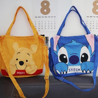 Disney Cute Stitch Winnie the Pooh Lotso Figures Kawaii Canvas Shoulder Bag Lovely Cartoon Shopping