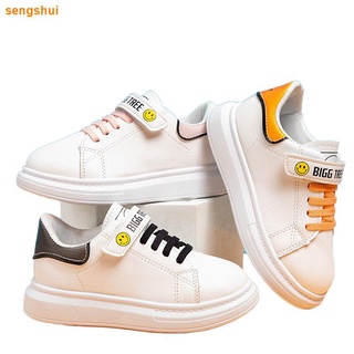 Children s velcro smiling face handsome children s shoes leather soft bottom white shoes new Korean style boys and girls casual sports shoes