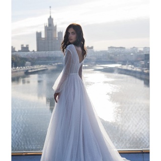 ♤Wedding Elegant Women Dinner Evening Dress V-neck Formal Gown Bridal Bridesmaid Long Sleeve White D