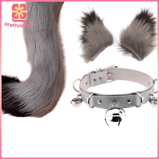 [PRETTYIA2] Faux Fur Cat Fox Ears Headband with Tail Set Kitten Tail, Bell Choker PU Leather Collar Halloween Cosplay Kit