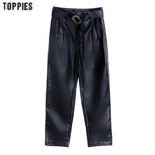 Toppies 2021 Black Pu Leather Pants Fashion High Waist Trousers Ladies Straight Pants with Belt pant