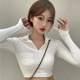 women korean tops solid long sleeve croptop polo collar tshirts for girl