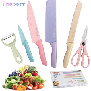 Kitchen Knife Set 6 PCS Pastel Colors Stainless Steel Chef Knife Bread Knife Cleaver Scissors