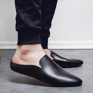 Half Slippers Men Shoes Genuine Leather Flats Mules Shoes Man Soft Leather Slipper
